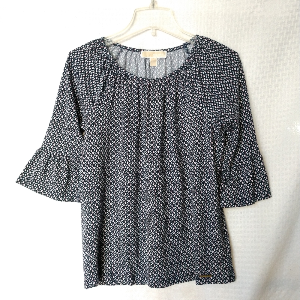 Michael Kors Floral Knit Top Shirt 3/4 Ruffle Sleeves Blue Red XS Chest 32"